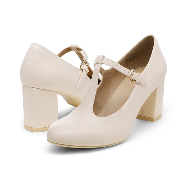 T-Strap Mary Jane Pumps with Chunky Heel - NUDE PU - 3